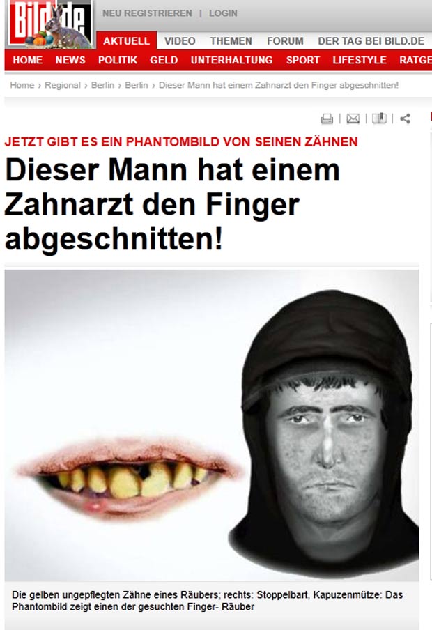 Polícia alemã fez retrato dos dentes sujos de suspeito. (Foto: Reprodução/Bild)