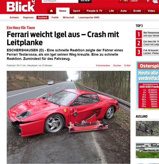 Jörg Dächer bateu sua Ferrari ao desviar de ouriço. (Foto: Reprodução)