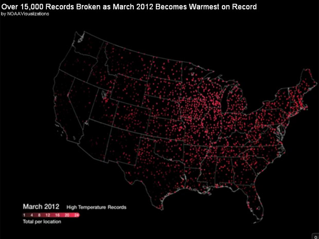 Animação da Noaa mostra os locais dos EUA que viveram recordes de temperatura para o mês de março. (Foto: Reprodução / Noaa)