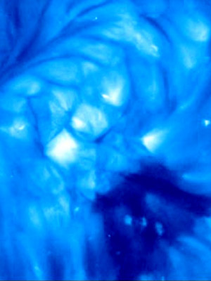 Pontos brilhantes no centro da imagem -- feita em cor falsa -- são as 'células da coroa solar' (Foto: Nasa/Stereo/NRL)