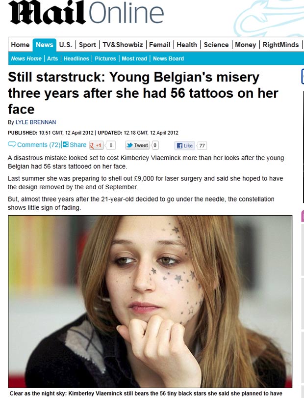 Após três anos, a belga Kimberley Vlaeminck, de 21 anos, mantém 56 estrelas tatuadas em seu rosto. (Foto: Reprodução/Daily Mail)