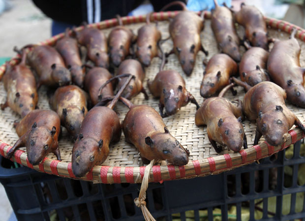 No mercado vietnamita da vila de Canh Nau, a cerca de 40 km de Hanói, ratos abatidos são vendidos como item de alimentação, ao lado de legumes e verduras. (Foto: Reuters)