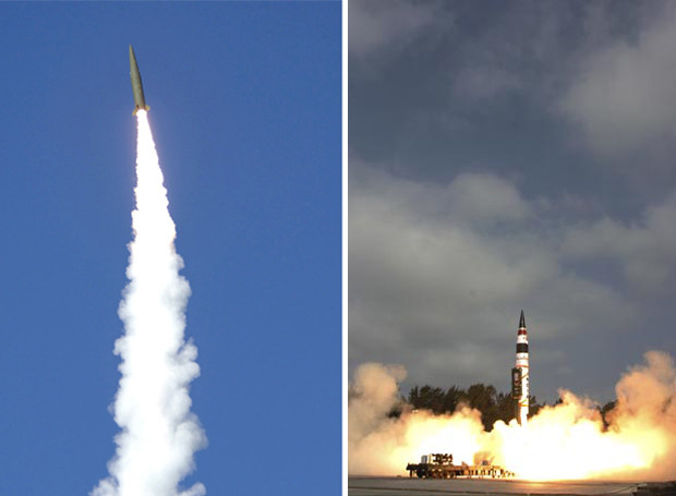 O foguete norte-coreano (à esquerda) e o míssil nuclear indiano, em imagens divulgadas nesta quinta-feira (19) (Foto: AFP)