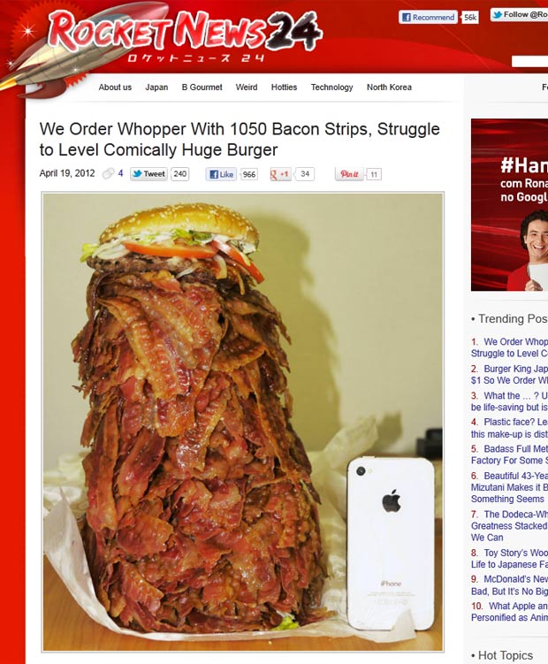Homem pediu hambúrguer com 1.050 fatias de bacon. (Foto: Reprodução)