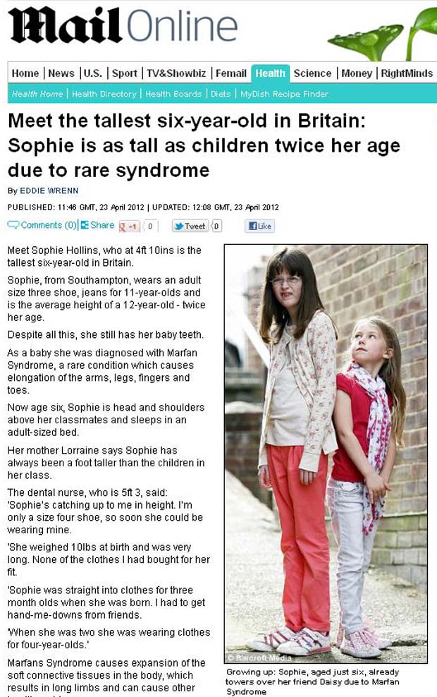 Sophie Hollins é muito mais alta que suas colegas de escola (Foto: Reprodução/Daily Mail)