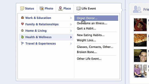 Facebook acrescentou opção de doador de órgãos nas informações sobre o usuário (Foto: Divulgação)