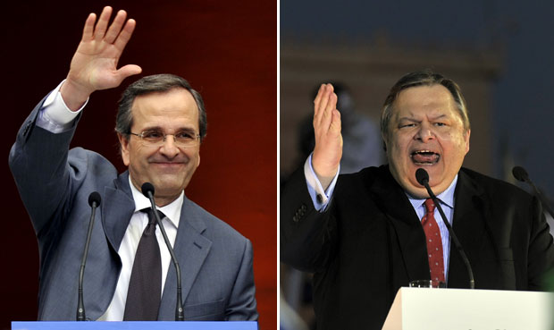 Antonis Samaras (esq.) e Evangelos Venizelos, principais candidatos ao cargo de primeiro-ministro grego (Foto: AFP)