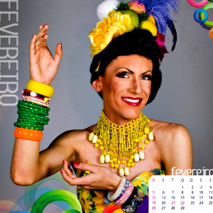 Carmen Miranda é retratada com as tradicionais cores e pose e o título “Disseram que voltei Trans-Operada”.  (Foto: Translendário/Divulgação)