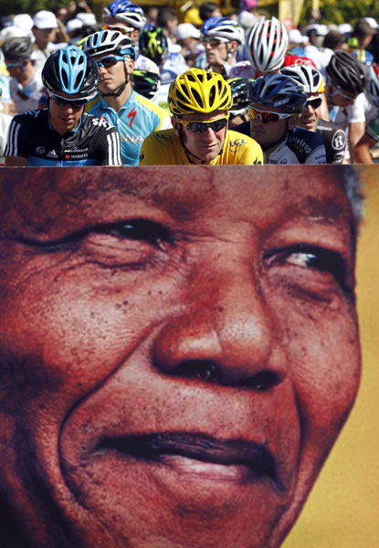 De amarelo, o atual líder do Tour de France, o ciclista britânico Bradley Wiggins aguarda pelo início da 16ª etapa da famosa competição, com um cartaz à sua frente homenageando o aniversário do líder sul-africano Nelson Mandela...