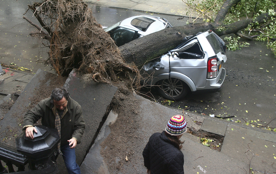 30 de outubro - Uma árvore caiu sobre um carro estacionado no bairro de Brooklyn, em Nova York