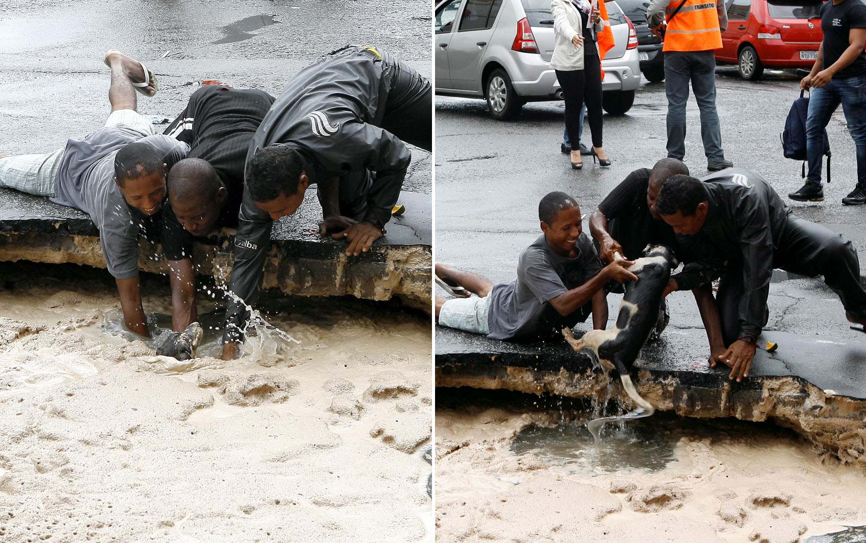 Sequência de fotos mostra cachorro sendo salvo por pedestres após cair em buraco na Cidade Baixa, em Salvador. A capital baiana amanheceu debaixo de chuva e com diversos ponto de alagamento nesta quinta-feira (10).