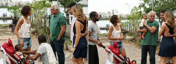 Raul (Antônio Fagundes), Pedro (Eriberto Leão) e Marina (Paola Olivera) encontram Carol (Camila Pitanga) e André (Lázaro Ramos) (Foto: TV Globo/ Marcio Nunes)