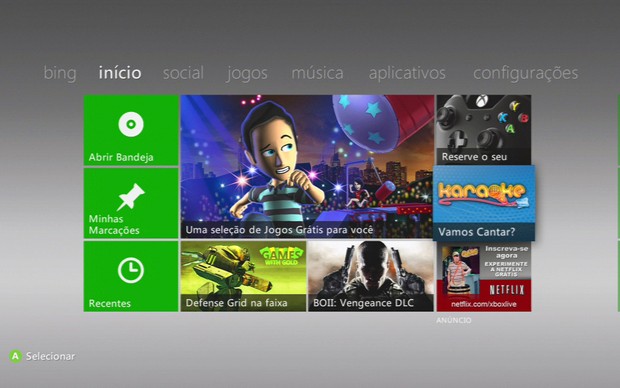 Menus do Xbox 360 com a Live conectada. (Foto: Reprodução) (Foto: Menus do Xbox 360 com a Live conectada. (Foto: Reprodução))