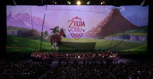 O vídeo inicial, orquestrado, comemora os 25 anos de Zelda e antecede a apresentação de Shigeru Miyamoto, o criador da série. (Foto: Reprodução)