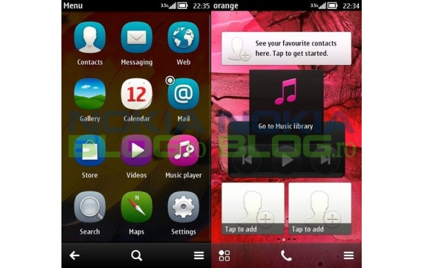 O menu de aplicativos e funções, e a Home screen do novo Symbian Belle (Foto: Nokia Blog)