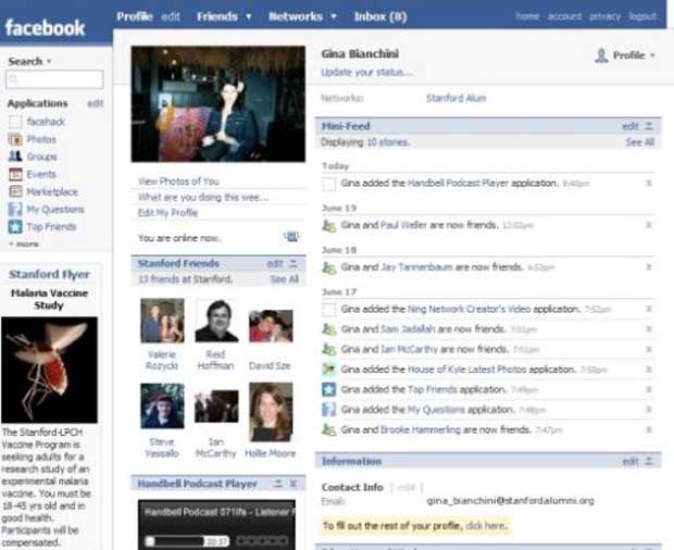 Perfil do Facebook em 2007. (Foto: Reprodução)