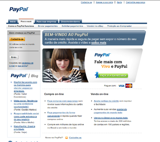 Página principal do PayPal (Foto: Reprodução)