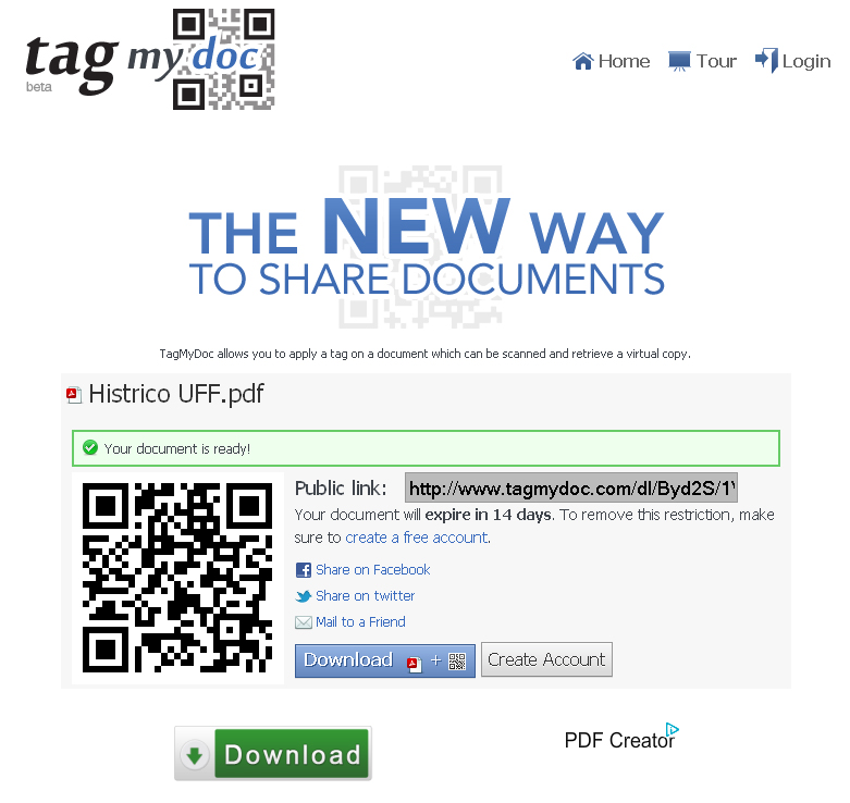 QR Code gerado para o arquivo escolhido e adicionado na ferramenta TagMyDoc (Foto: Reprodução)