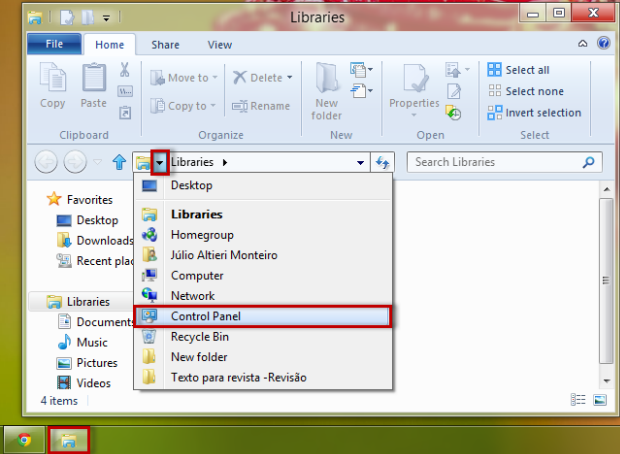 Acesse o Windows Explorer na barra de tarefas e, através dele acesse o Painel de Controle (Foto ReproduçãoJúlio Monteiro)
