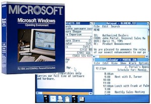 Imagem do Windows 1.0 ao fundo com caixa para comercialização na frente (Foto: Reprodução / Blogoscoped.com) (Foto: Imagem do Windows 1.0 ao fundo com caixa para comercialização na frente (Foto: Reprodução / Blogoscoped.com))