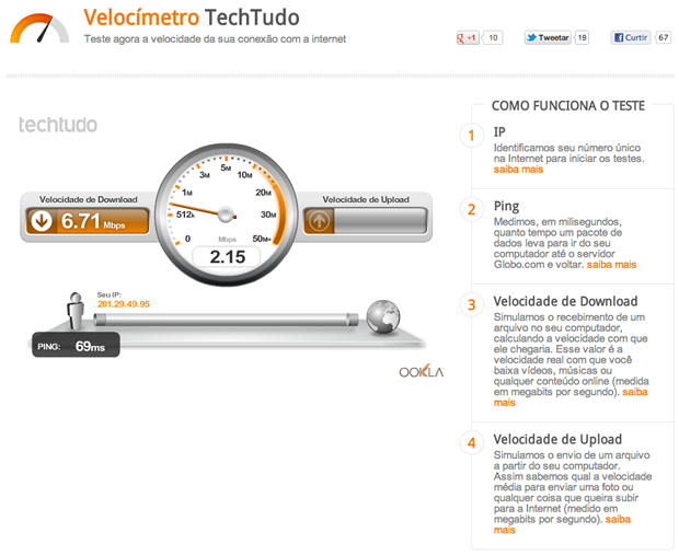 Resultado do teste de velocidade de download do Velocímetro do TechTudo (Foto: Reprodução / Pedro Pisa)