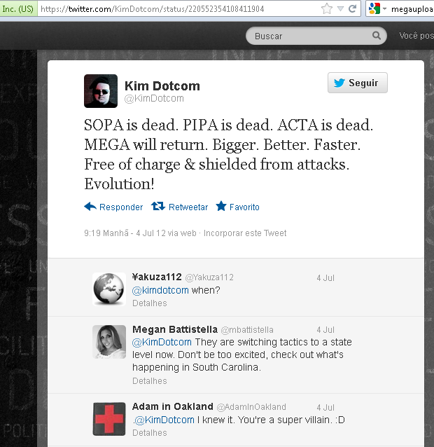 Dotcom anuncia o retorno do Megaupload em seu Twitter (Foto: Reprodução/Twitter)