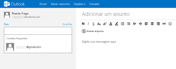 Confecção de nova mensagem no Outlook.com é muito minimalista e pode confundir os usuários (Foto: Reprodução/Ricardo Fraga)