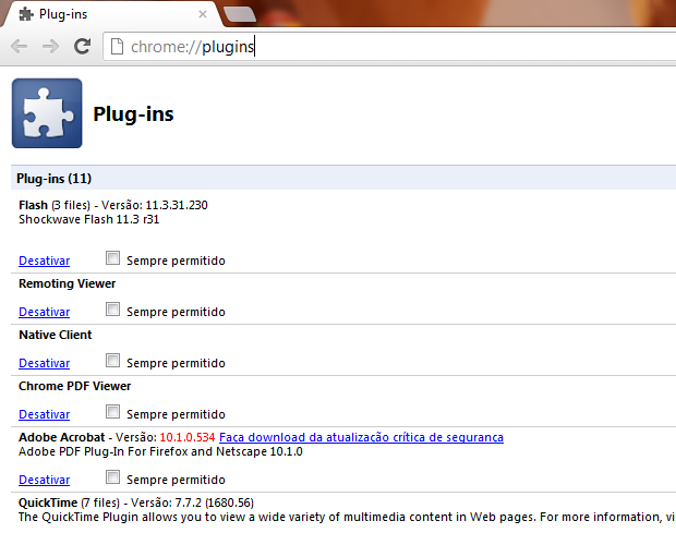 Acessando a tela de configuração de plug-ins no Chrome (Foto: Reprodução/Edivaldo Brito) 
