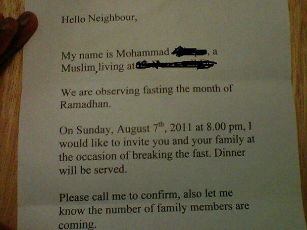 Convite de jantar enviado por Mohammad ao vizinho (Foto: Reprodução)