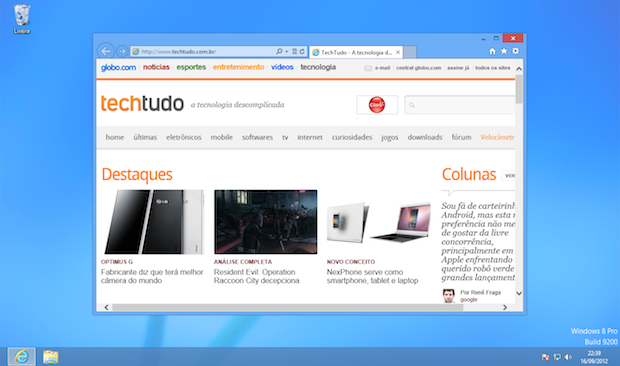 Página carregada na versão desktop do Windows 8 (Foto: Reprodução/Helito Bijora)