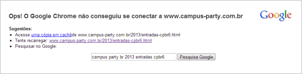 Site da Campus Party ficou inacessível após sofrer um ataque DDoS (Foto: Reprodução/Ricardo Fraga)