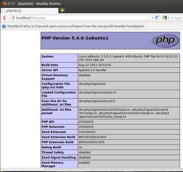 Visualizando a página PHP com as informações da instalação (Foto: Reprodução/Edivaldo Brito)