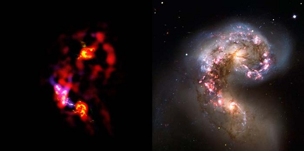 Imagens de uma mesma região do espaço produzida pelo radiotelescópio ALMA e outra pelo VLT, um telescópio ótico, cada um capta aspectos distintos (Foto: Reprodução/Ciência Hoje)