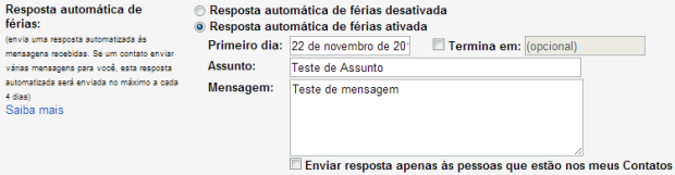 Ativando a opção nativa de resposta automática do Gmail (Foto: Reprodução/Ricardo Fraga)