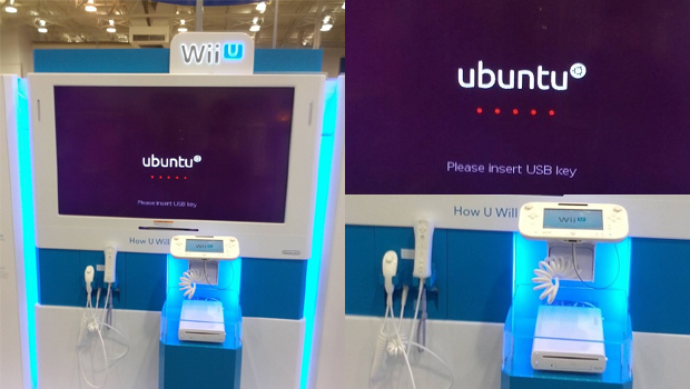 Quiosque do Wii U mostrando tela de inicialização do sistema Ubuntu (Foto: GoNintendo)