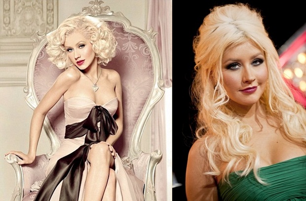 Christina Aguilera no anúncio e em foto não retocada da mesma época (Foto: Reprodução)