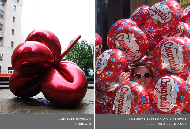 Fotografia de monumento em praça pública à esquerda, e de balões metalizados à direita (Foto: Adriano Hamaguchi)