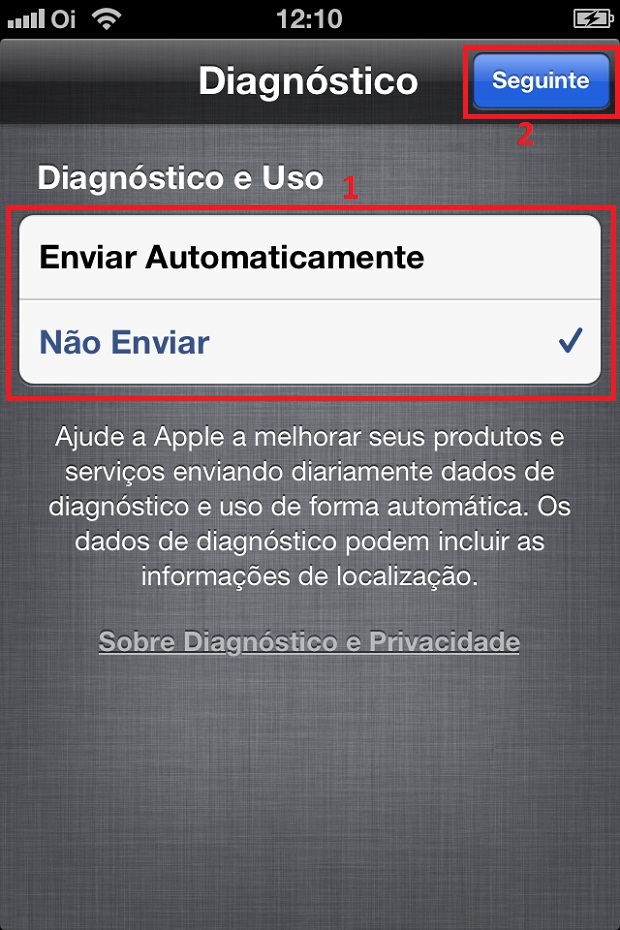 Escolhendo se envia ou não informações de diagnóstico para a Apple (Foto: Reprodução/Edivaldo Brito)
