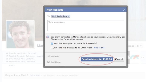 100 dólares é o valor cobrado para enviar uma mensagem ao CEO do Facebook (Foto: Reprodução/Mashable)