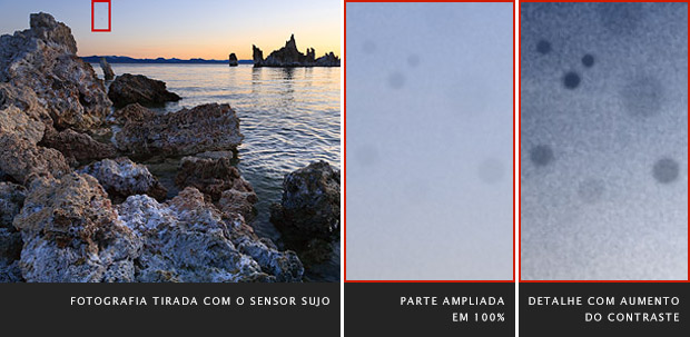 Fotografia de paisagem, à esquerda, detalhe ampliado, no meio, e detalhe com contraste aumentado, à direita (Foto: Reprodução/Cambridge in Colour)