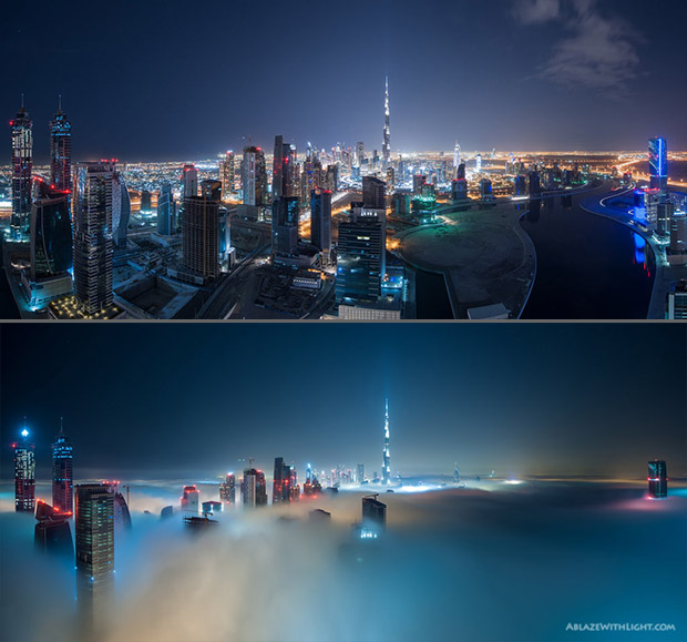 Imagem da cidade de Dubai em madrugada sem neblina, acima, e com neblina, abaixo (Foto: Sebastian Opitz)