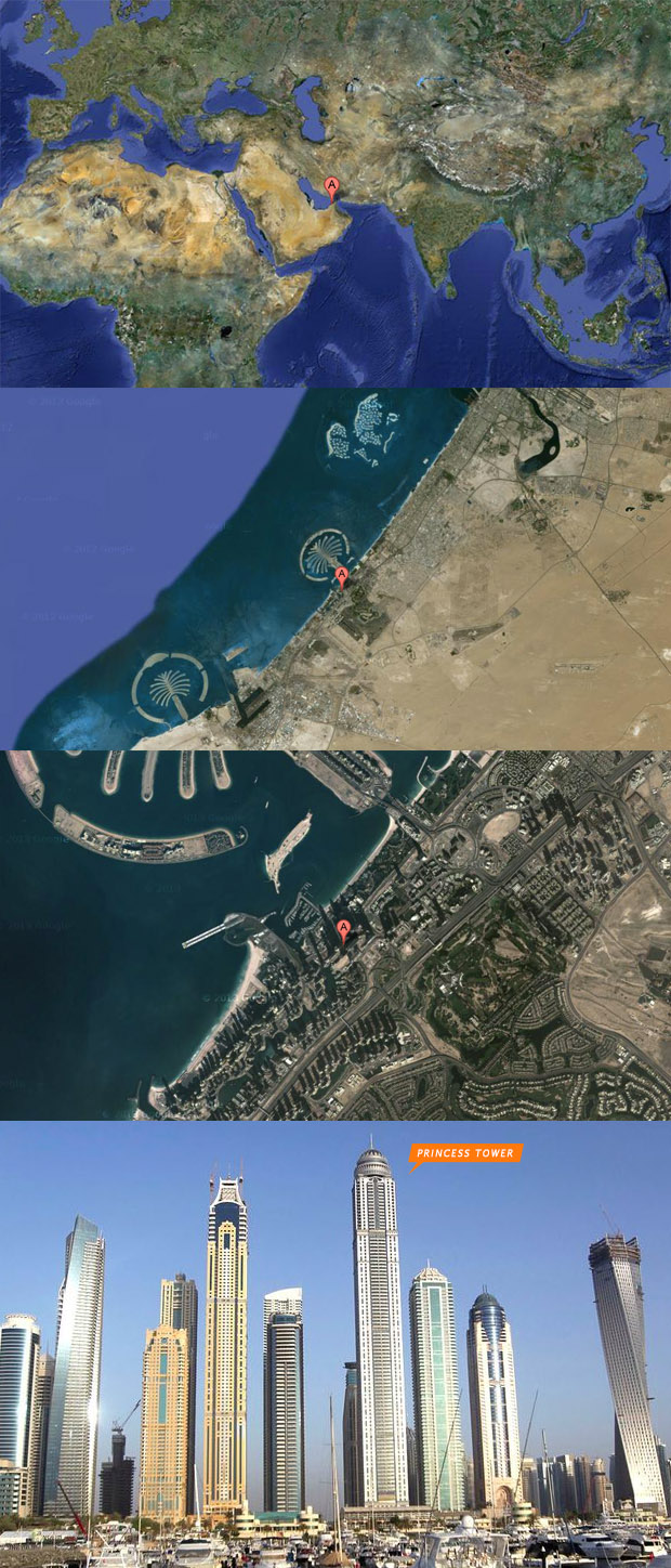 Imagens de mapa com indicação da localização do Princess Tower em Dubai e imagem do edifício, abaixo (Foto: Reprodução/This is True Lies)