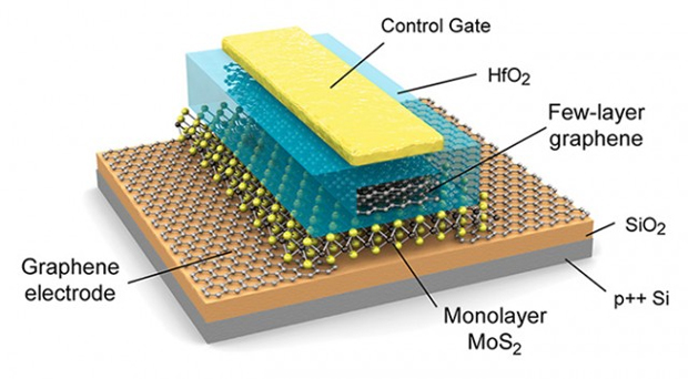 Esquema apresenta o perfil do chip de memória flash com molibdenita e grafeno (Foto: Reprodução)