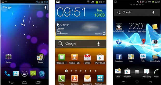Interfaces do Android 4.0 do Google, Samsung e Sony, respectivamente (Foto: Reprodução)