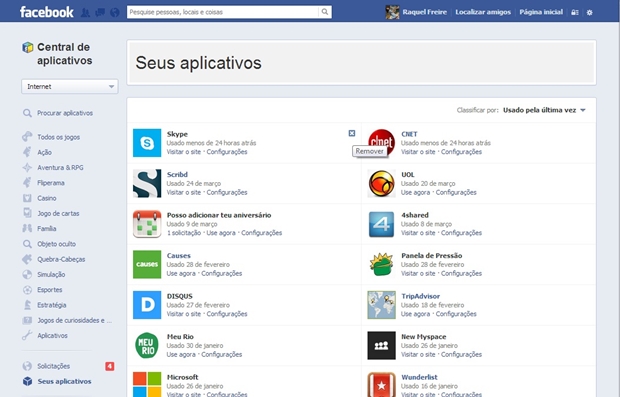 Central de aplicativos do Facebook, de onde Skype deve ser removido (Foto: Reprodução/ Raquel Freire)