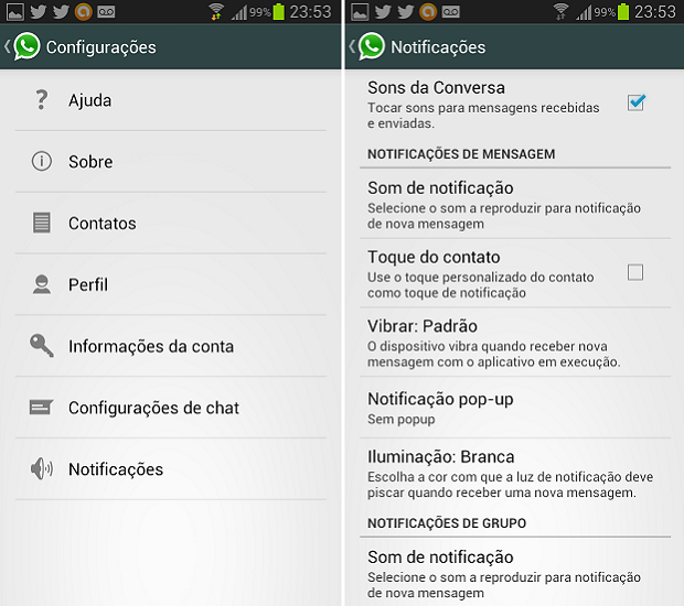 É possível alterar diversas opções de notificação do WhatsApp (Foto: Thiago Barros/TechTudo)