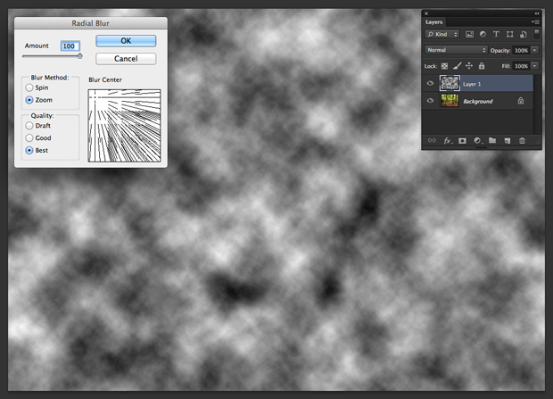 Box para aplicação do filtro "Desfoque Radial" aberto no Photoshop (Foto: Reprodução/André Sugai)