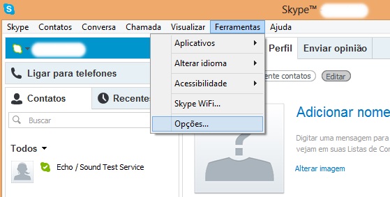 Acessando as ferramentas do Skype no menu principal (Foto: Reprodução/Carolina Ribeiro)