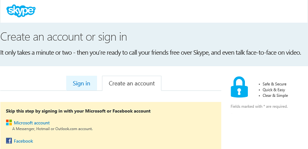 Criação de contas na versão web do Skype é bem simples (Foto: Reprodução Skype)