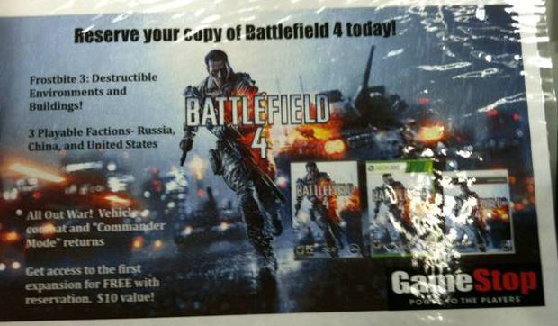 Cartaz das lojas Gamestop, com novidades do multiplayer de Battlefield 4 (Foto: Reprodução / YouTube)